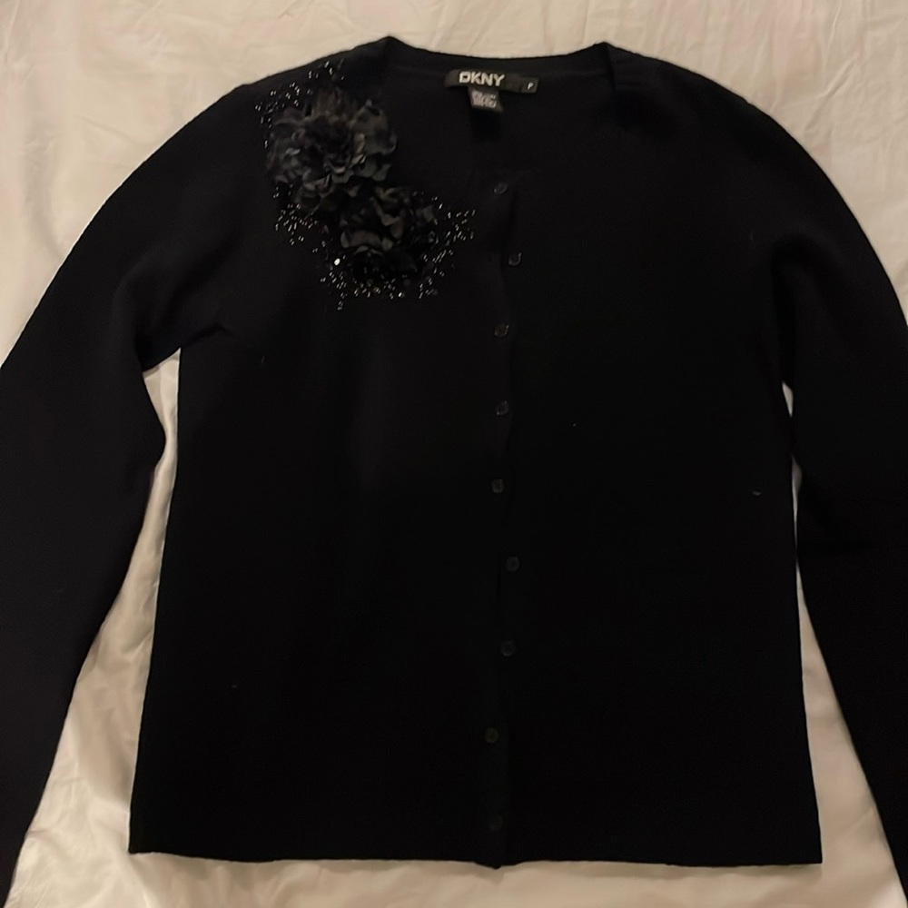 DKNY black cardigan with beads and flower embellishment